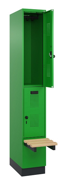 C+P Doppelstock-Spind Evolo PLUS, Bank, 2 Fächer, 1950x300x815mm, 6037/6037, Drehriegel, Sitzfläche Buche-Hartholz, mit Sockel, 049340-10 S10026