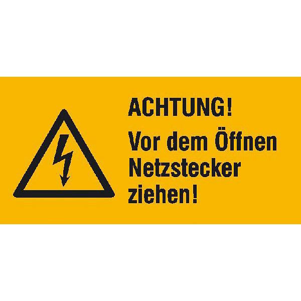 SafetyMarking Warn-Kombischild, Achtung! Vor dem Öffnen Netzstecker ziehen, BxH 3,2x1,6 cm, Folie, selbstklebend, VE: 30 Stück/Bogen, 30.1416