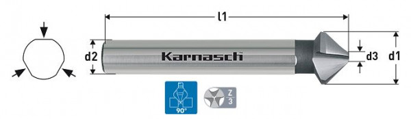 Karnasch Kegelsenker 90°, HSS-XE, RAPID-CUT 3-Flächen-Schaft, DIN 335 d=15,0mm, VE: 3 Stück, 201760050