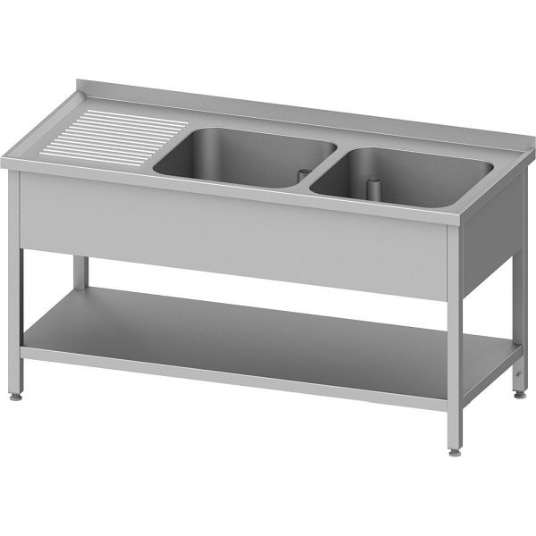 Stalgast Edelstahl Spültisch mit Grundboden, 1500x600x850 mm, mit zwei Becken rechts, mit Aufkantung, verschweißt, VST15623RA