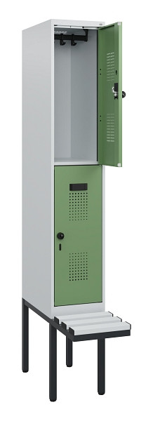 C+P Doppelstock-Spind Evolo PLUS, Bank, 2 Fächer, 1950x300x815mm, 7035/6011, Drehriegel, Sitzfläche Kunststoff, 0493405-10 S10101