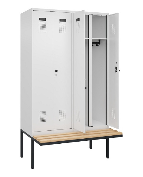 C+P Schwarz-Weiß-Spind Evolo PLUS, Bank, 4 Abteile, 2120x1200x815mm, 9016/9016, Drehriegel, Sitzfläche Holz, 0490427-40 S10020