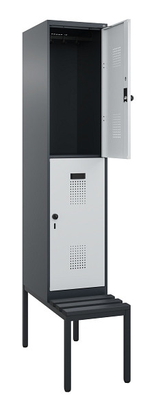 C+P Doppelstock-Spind Evolo PLUS, Bank, 2 Fächer, 2120x400x815mm, 7016/7035, Drehriegel, Sitzfläche Kunststoff, Sitzbank, 0493507-12 S10098