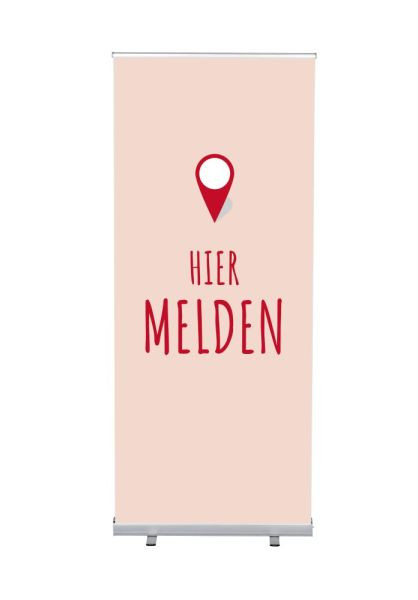 Showdown Displays Roll-Banner Budget 85 Komplettset Hier Anmelden Rot Niederländisch, RBB085LSFI358