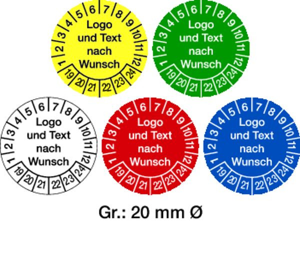 Schilder Klar Prüfplaketten Logo und Text nach Wunsch, ab Jahr 2023, 30 mm Dokumentenfolie selbstklebend, VE: 100 Stück, 64/02.23