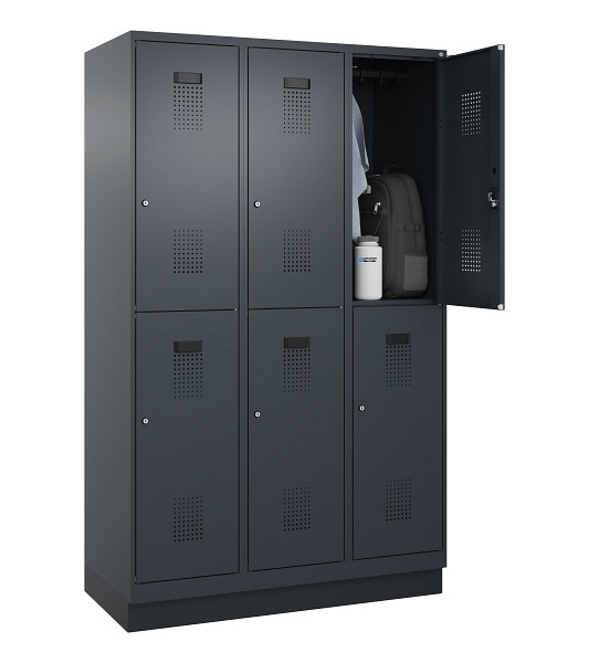 C+P Doppelstöckiger Spind Evolo PLUS, mit Sockel, 6 Fächer, 1950x1200x500mm, 701, Frontfarbe RAL 7016 Anthrazitgrau, Zylinderschloss, 049320-32 S10043
