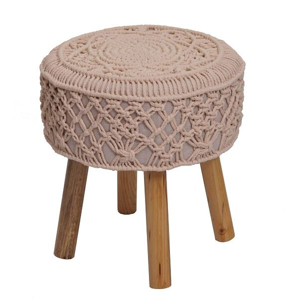 Mendler Sitzhocker HWC-J43, Strickhocker Hocker Fußhocker, 45x41cm rund Makramee/Strick Stoff/Textil, creme-beige, 80483