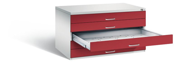 C+P Flachablageschrank Serie 7100_7200, H760xB1350xT960mm, Farbe: Lichtgrau / Rubinrot, Bügelgriff, 7201-100 S10188