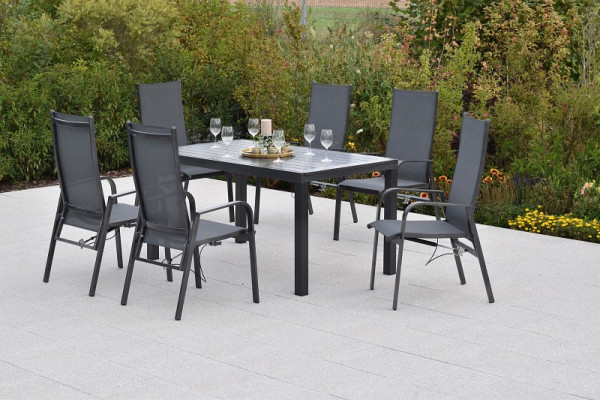 Merxx Alassio Set 7-teilig, 6 Alassio Sessel, Rückenlehne durch Gasdruck verstellbar, 1 Ausziehtisch 150 (200) x 90 cm, 51039-309