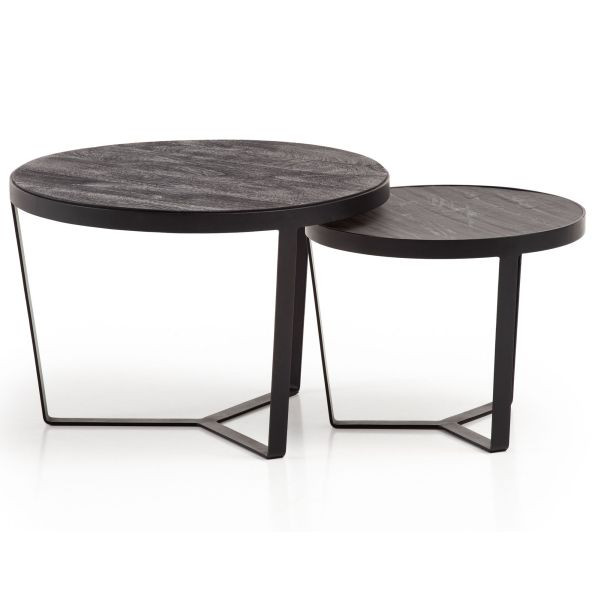 Wohnling Couchtisch 2er Set Akazie Massivholz/Steinoptik Wohnzimmertisch Rund, Satztisch mit Metallgestell, Kaffeetisch Modern, Schwarz/Anthrazit, WL6.766
