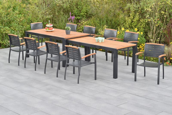 Merxx Tinos Set 11-teilig, 10 Tinos Stapelsessel, 1 Flex Ausziehtisch 180/180 x 100/83 x 80/74 cm, Tischplatte aus Akazienholz, 50819-217