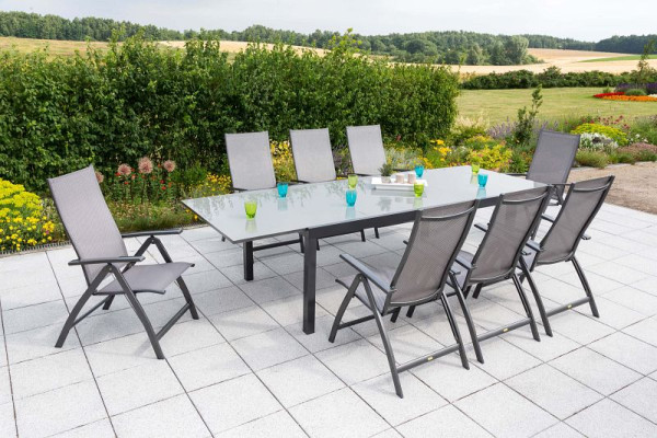 Merxx Vicenza Set 9-teilig, 8 Klappsessel, 1 Semi Ausziehtisch, 200 (300) x 110 cm, graue Tischplatte, graphit/diamantbraun, 50290-217