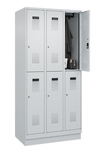 C+P Doppelstöckiger Spind Evolo PLUS, mit Sockel, 6 Fächer, 1950x900x500mm, 7035, Frontfarbe RAL 7035 Lichtgrau, Zylinderschloss, 049320-30 S10040