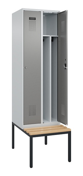C+P Spind Evolo PLUS, 2 Abteile, 2120x600x815mm, 7035/0004, Zylinderschloss, Sitzfläche Buche-Hartholz, Sitzbank, 0490507-20F S10041