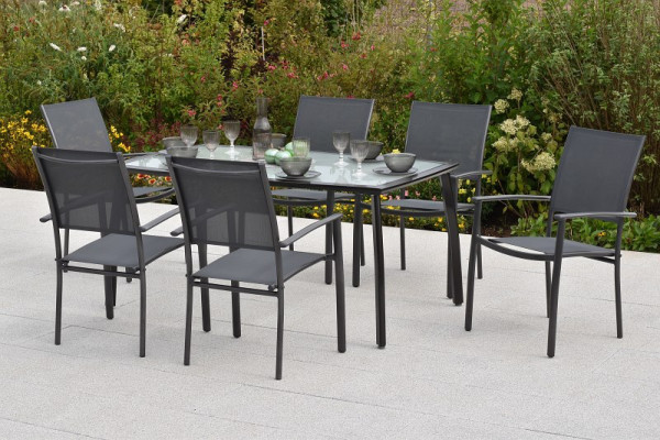 Merxx Milano Set 7-teilig, 6 Milano Stapelsessel, graphit/grau, 1 rechteckiger Tisch, 150 x 90 cm, matte Glasplatte, 51049-309