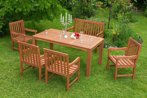 Merxx Santos Set 6-teilig, 4 Santos Sessel, 1 Santos Bank, 2-sitzig, 1 Tisch, 170 x 90 cm, starke Beine, FSC Eukalyptusholz, 50063-011