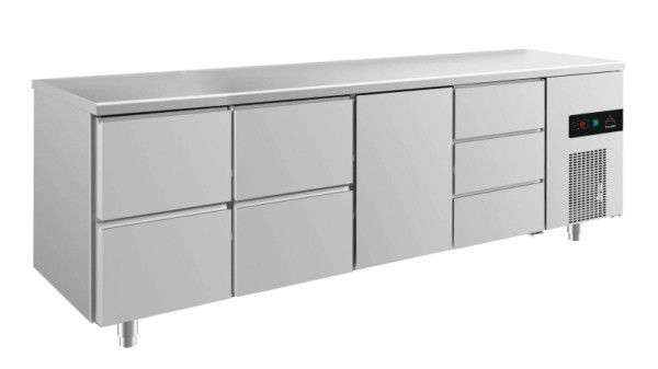 A&S Polarny Kühltisch -2 bis +8°C mit 1x Tür mittig-rechts, 2x zwei Schubladen und 1x drei Schubladen rechts, 2330 x 700 x 850 mm, KT4ZZTD