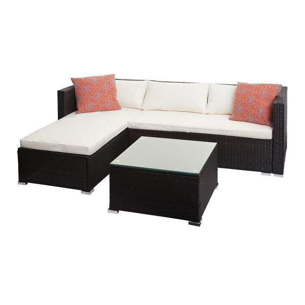 Mendler Poly-Rattan Garnitur HWC-F57, Balkon-/Garten-/Lounge-Set Sofa Sitzgruppe, braun, Kissen creme mit Deko-Kissen, 76131+76132+2x51880