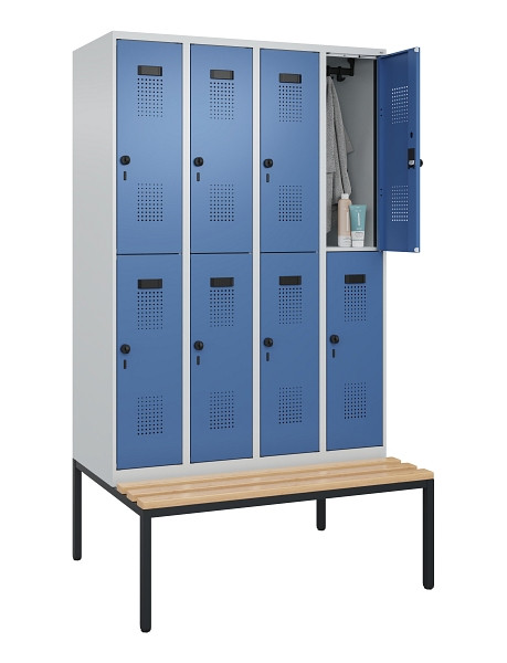 C+P Doppelstock-Spind Evolo PLUS, Bank, 8 Fächer, 2120x1200x815mm, 7035/5023, Drehriegel, Sitzfläche Buche-Hartholz, Sitzbank, 0493507-40 S10008