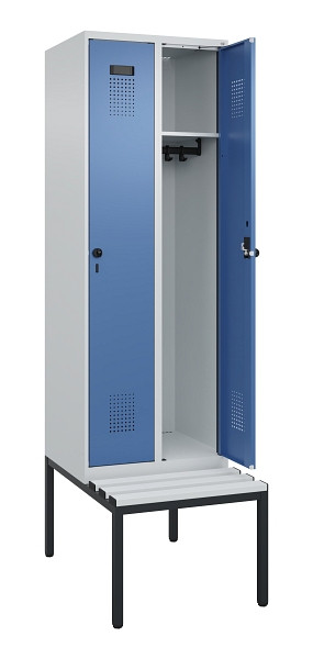 C+P Spind Evolo PLUS, 2 Abteil, 2120x600x815mm, 7035/5023, Drehriegel, Sitzfläche Kunststoff, Sitzbank, 0490507-20 S10062