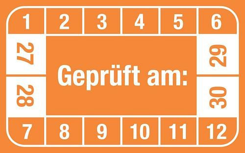 DENIOS Prüfplakette "Geprüft am", 27 - 30, orange, Folie, selbstklebend, 40 x 25 mm, VE: 5 Bogen à 12 Stück, 290198