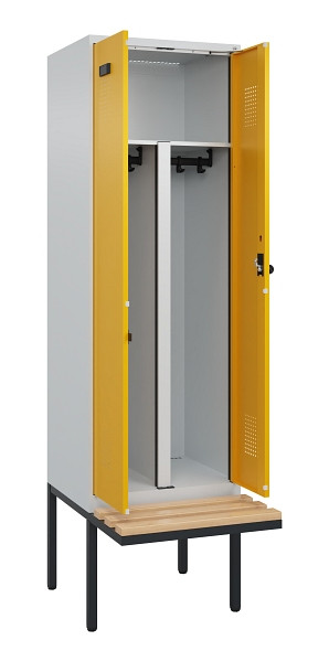 C+P PSA Doppel-Spind Evolo PLUS, Bank, 2 Abteile, 2120x600x815mm, 7035/1004, Drehriegel, Sitzfläche Holz, 0490427-20P S10000