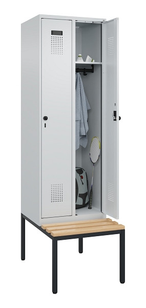 C+P Spind Evolo PLUS, 2 Abteil, 2120x600x815mm, 7035/7035, Drehriegel, Sitzfläche Buche-Hartholz, Sitzbank, 0490507-20 S10013