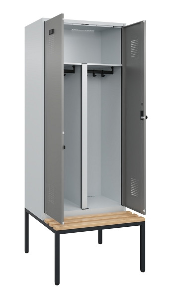 C+P PSA Doppel-Spind Evolo PLUS, Bank, 2 Abteile, 2120x800x815mm, 7035/0004, Drehriegel, Sitzfläche Buche-Hartholz, Sitzbank, 0490527-22P S10014