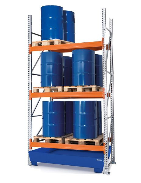 DENIOS Gefahrstoff-Palettenregal, Grundfeld, 3 Lagerebenen, lackierte Auffangwanne, 2025 x 1300 x 3800 mm, 329148