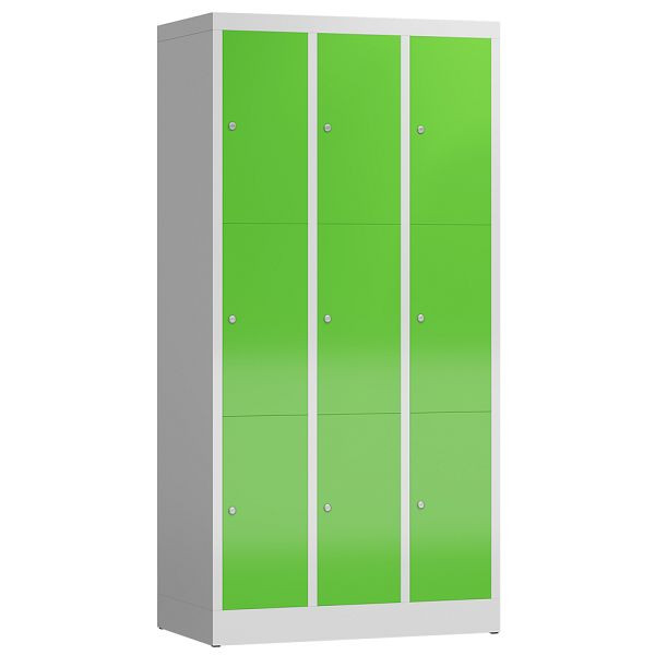 Lüllmann ClassiX Schließfachschrank, 3 Abteile à 3 Fächer, 1800 x 870 x 500 mm, lichtgrau/gelbgrün, X-520335