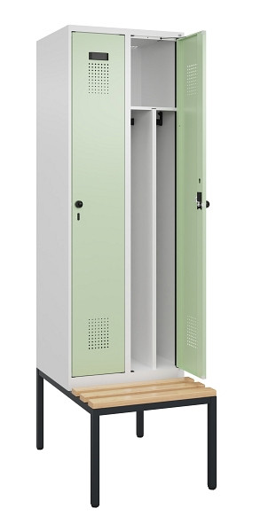 C+P Spind Evolo PLUS, 2 Abteile, 2120x600x815mm, 9016/6019, Drehriegel, Sitzfläche Buche-Hartholz, Sitzbank, 0490507-20F S10019