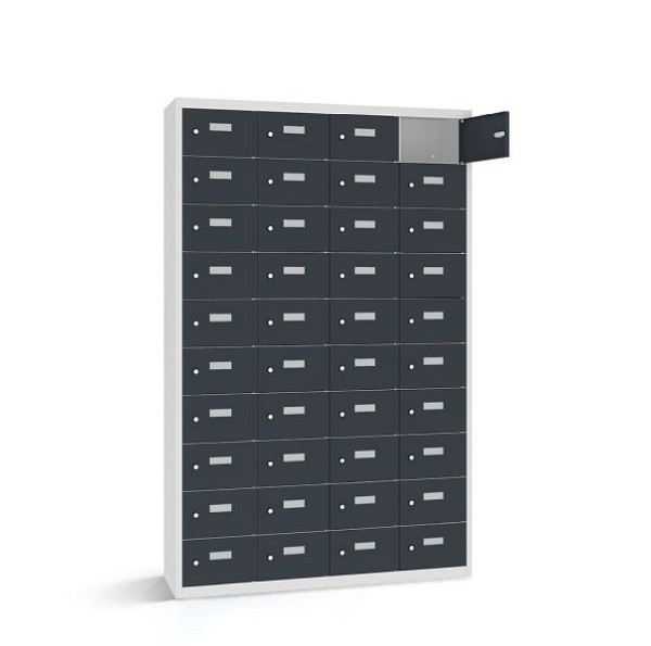Rotstahl Wertfachschrank, 40 Fächer, Tür einwandig, kurzer Sockel, Korpus: lichtgrau, Türen: anthrazitgrau, 2161-041003-1151112-7035-7016