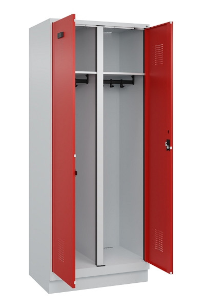 C+P Schwarz-Weiß-Spind Evolo PLUS, mit Sockel, 2 Abteile, 1950x800x500mm, 7035/3, Frontfarbe RAL 3020 Verkehrsrot, Zylinderschloss, 049022-22 S10032