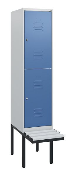C+P Doppelstöckiger Spind Classic PLUS, 1950x400x815mm, 7035/5023, Zylinderschlösser, mit Untergestell und schwebender Sitzfläche, 0803405-12 S10080