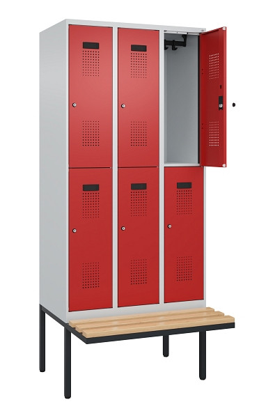 C+P Doppelstock-Spind Evolo PLUS, Bank, 6 Fächer, 2120x900x815mm, 7035/3000, Zylinderschloss, Sitzfläche Buche-Hartholz, 0493407-30 S10030