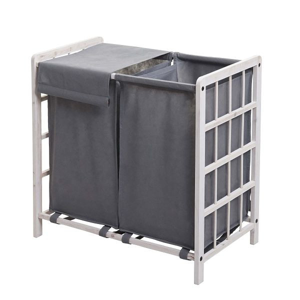 Mendler Wäschesammler HWC-B60, Laundry Wäschebox Wäschekorb, Massiv-Holz 2 Fächer 60x60x33cm 68l, shabby weiß, Bezug grau, 75537