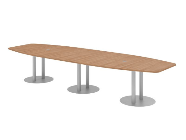 Hammerbacher Konferenztisch KT40S, 400 x 130 cm, Platte: Nussbaum, 25mm dick, mit drei silbernen Säulenfüßen, 7,6/70 cm, Arbeitshöhe 74 cm, VKT40S/N/S