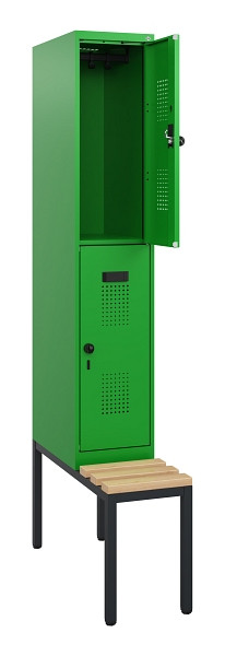 C+P Doppelstöckiger Spind Evolo PLUS, Bank, 2 Fächer, 1950x300x815mm, 6037/6037, Drehriegel, Sitzfläche Buche-Hartholz, Sitzbank, 0493505-10 S10036