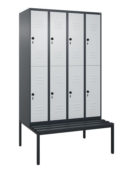 C+P Doppelstöckiger Spind Classic PLUS, 4 Abteile, 2120x1200x815mm, 7016/7035, Drehriegel, mit untergebauter Sitzbank, 0803507-40 S10118