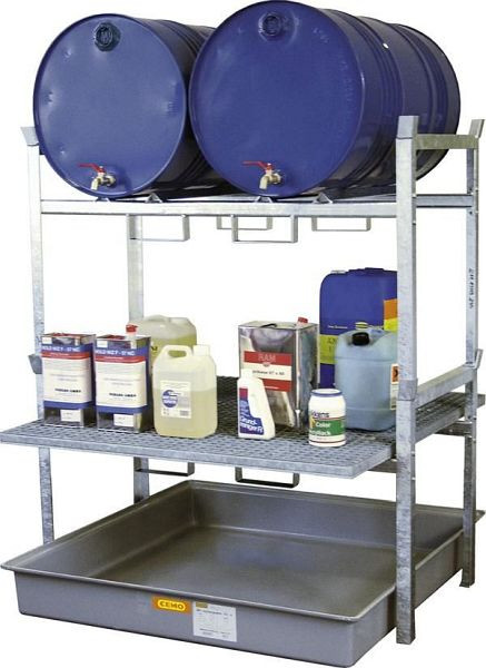 Cemo Fassregal Typ 800 mit GFK Auffangwanne 220 l, mit Fassauflagen für 2x 200 l Fässer und Gitterrostauflage für Kleingebinde, 7673