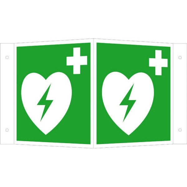 Stein HGS Rettungsschild als Winkelschild, Defibrillator, 150 x 150 mm, Alu, beschichtet, 15.a3900