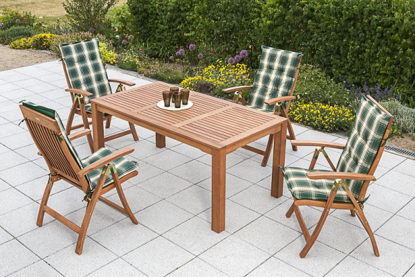 Merxx Comodoro Set 9-teilig, 4 Comodoro Klappsessel, 4 Wendekissen grün kariert/ uni, 1 Tisch, 170 x 90 cm, FSC Eukalyptusholz, 50011-100