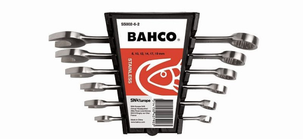 Bahco Ring-Maulschlüssel-Satz, Edelstahl/Inox, magnetisch, Ringseite 15° abgewinkelt, 6-teilig, 8-10-12-14-17-19 mm, im Kunststoffhalter, SS002-6-2