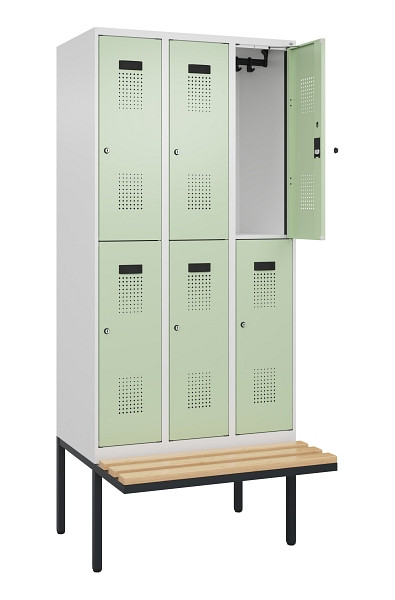C+P Doppelstock-Spind Evolo PLUS, Bank, 6 Fächer, 2120x900x815mm, 9016/6019, Zylinderschloss, Sitzfläche Buche-Hartholz, 0493407-30 S10046