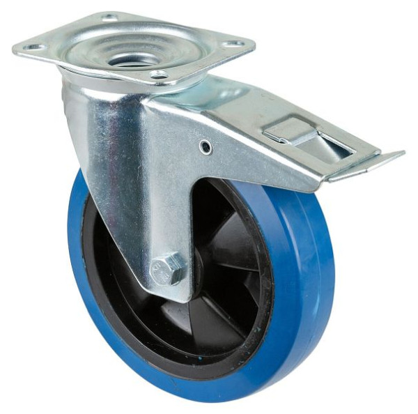 BS Rollen Transportrolle mit Feststeller, Breite 50 mm, Ø200 mm, bis 300 kg, Elastik-Reifen blau, Radkörper Kunststoff, Kugellager, L420.B62.201
