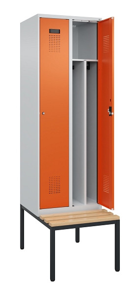 C+P Spind Evolo PLUS, 2 Abteile, 2120x600x815mm, 7035/2004, Zylinderschloss, Sitzfläche Buche-Hartholz, Sitzbank, 0490507-20F S10029