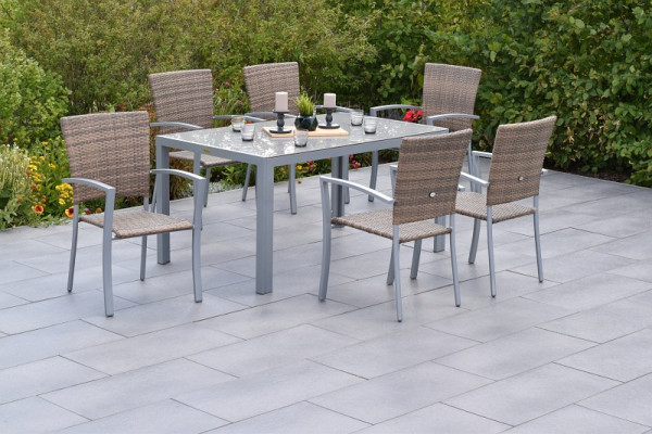 Merxx Savona Set 7-teilig, 6 Stapelsessel, 1 Tisch 150 x 90 cm, moderne Optik, Silber/naturgrau, Aluminiumgestell mit Kunststoffgeflecht, 50888-228