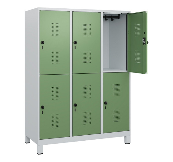 C+P Doppelstöckiger Spind Evolo PLUS, Füße, 6 Fächer, 1630x1200x500mm, 7035/6011, Drehriegel, 0493105-32 S10010