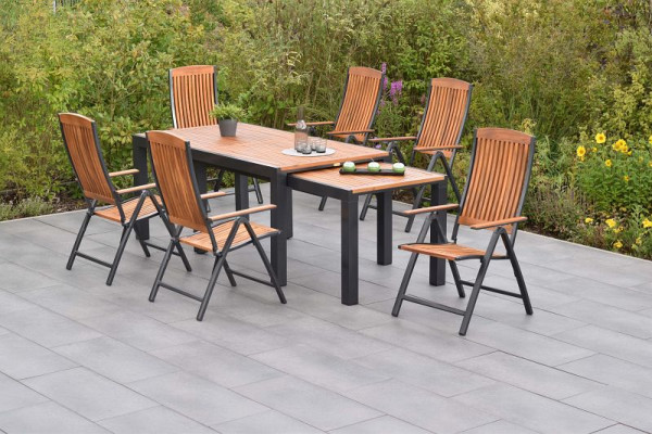 Merxx Athos Set 7-teilig, 6 Klappsessel, 1 Flex Ausziehtisch 180/180 x 100/83 x 80/74 cm, Aluminium mit FSC Akazienholz, 50838-217