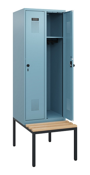 C+P Spind Evolo PLUS, 2 Abteile, 1950x600x815mm, 0010/0010, Drehriegel, Sitzfläche Holz, Sitzbank, 0490505-20 S10025